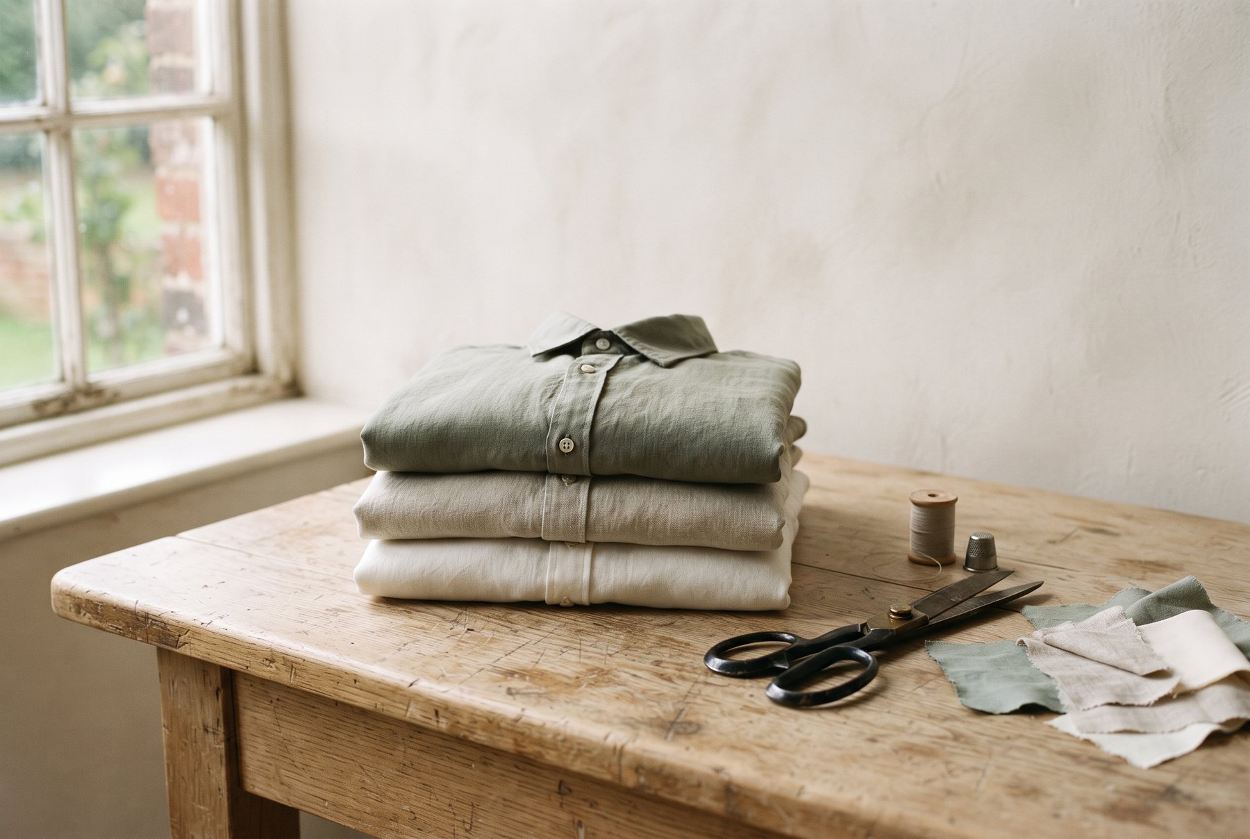 Folded sage, oat and ecru shirts on an oak worktable beside tailoring shears and fabric swatches