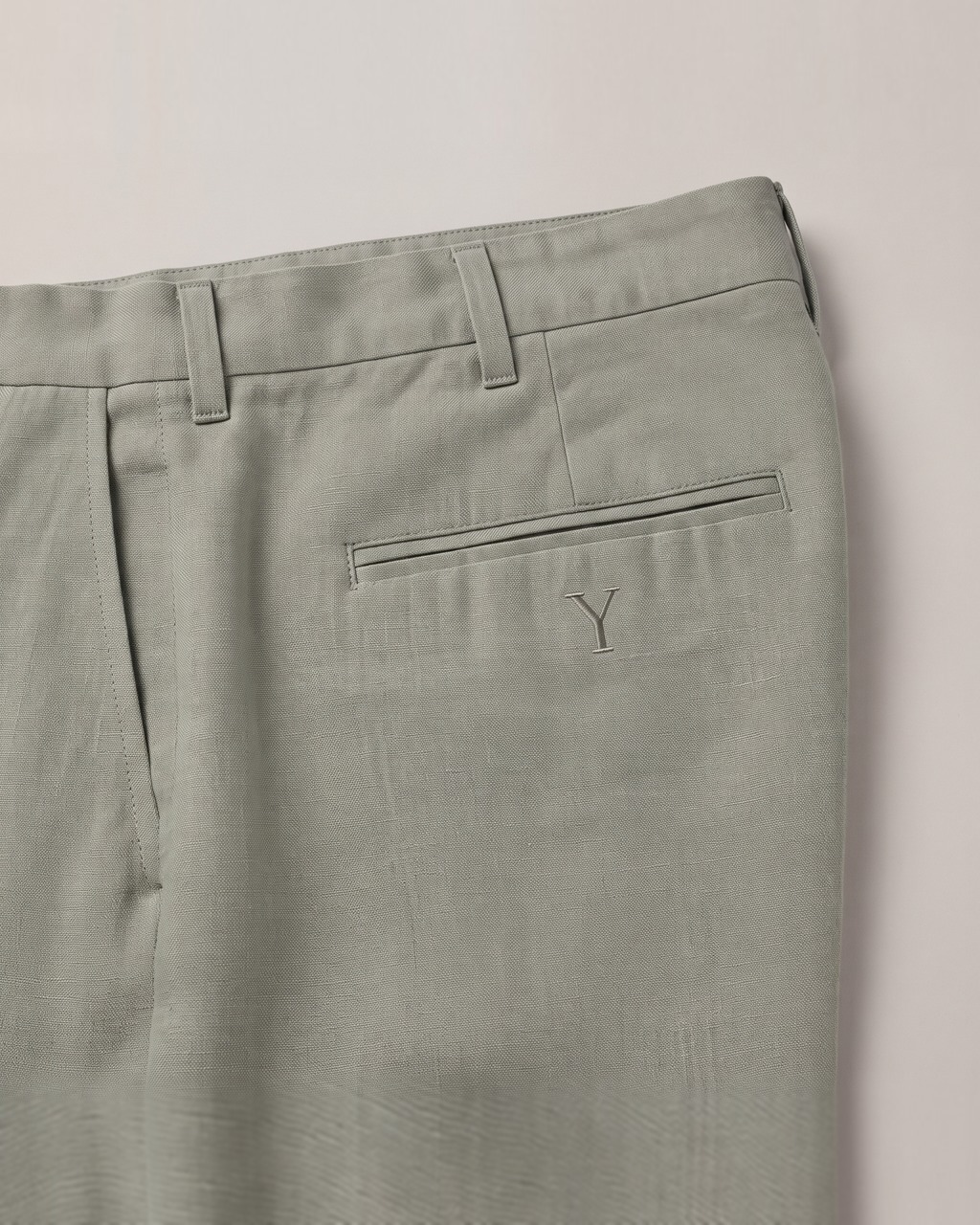 Linen Straight Trouser in Sage, fabric detail
