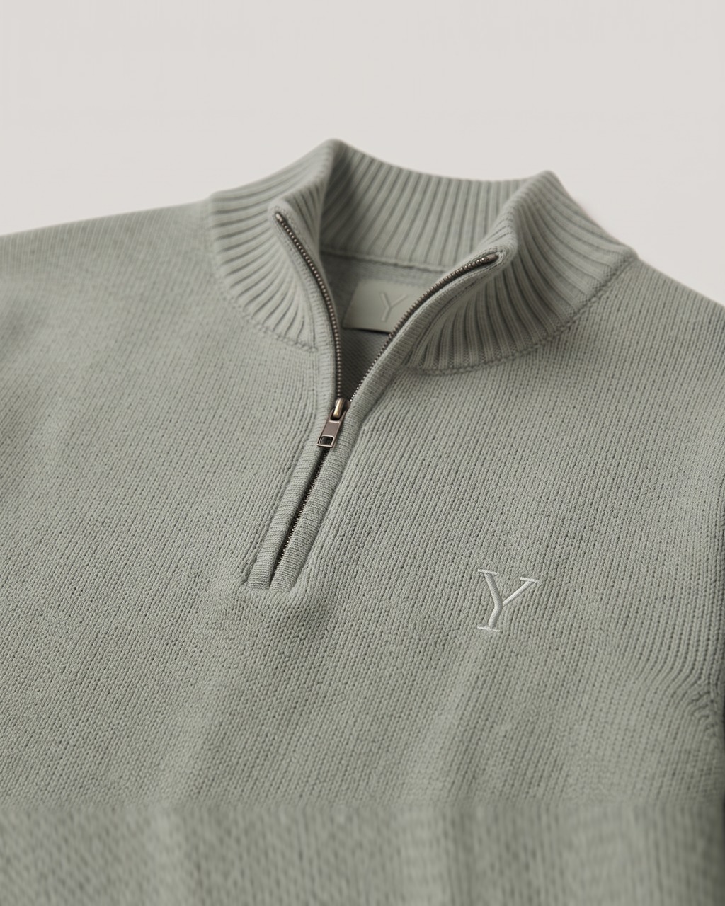 Ribbed Quarter Zip in Sage, fabric detail